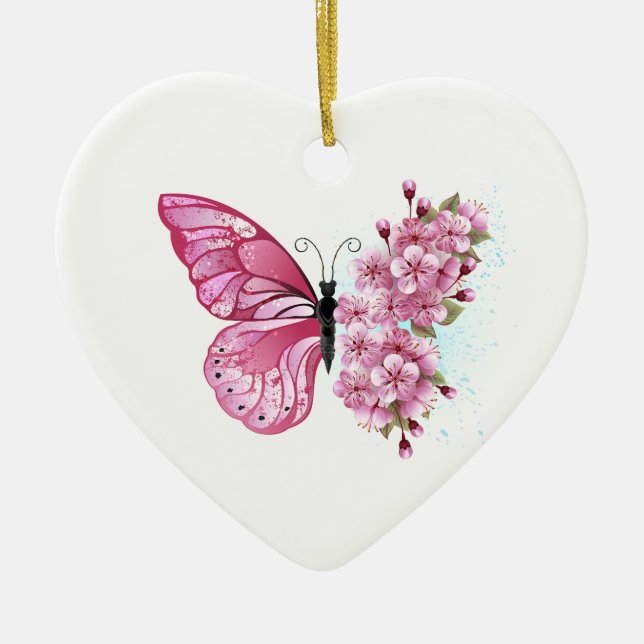 Flower Butterfly with Pink Sakura Ceramic Ornament (Front)