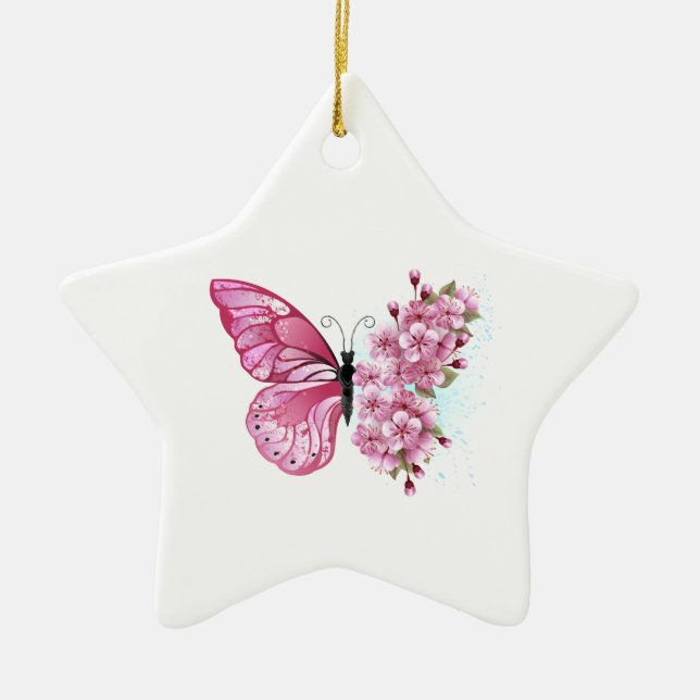 Flower Butterfly with Pink Sakura Ceramic Ornament (Front)