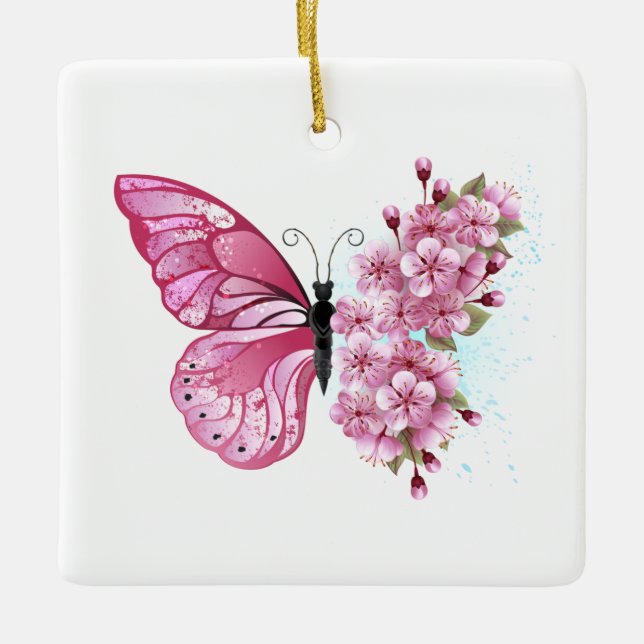 Flower Butterfly with Pink Sakura Ceramic Ornament (Front)