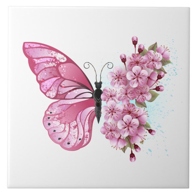 Flower Butterfly with Pink Sakura Ceramic Tile (Front)
