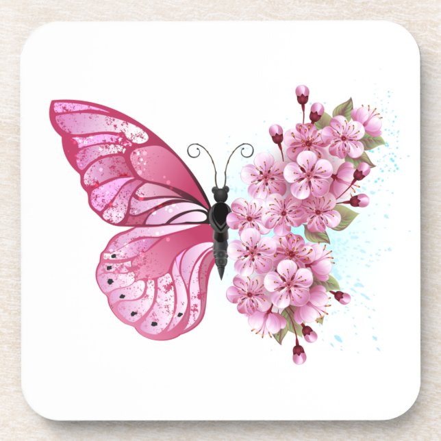 Flower Butterfly with Pink Sakura Coaster (Front)