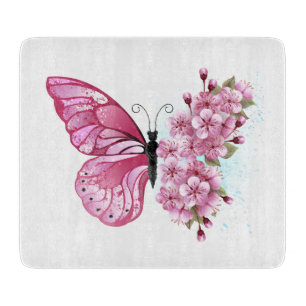 Flower Butterfly with Pink Sakura Cutting Board
