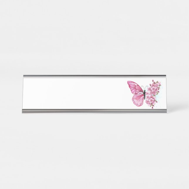 Flower Butterfly with Pink Sakura Desk Name Plate (Front)
