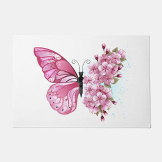 Flower Butterfly with Pink Sakura Doormat