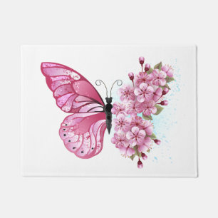 Flower Butterfly with Pink Sakura Doormat