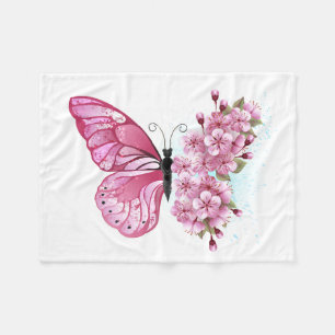 Flower Butterfly with Pink Sakura Fleece Blanket
