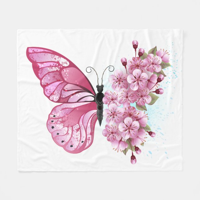 Flower Butterfly with Pink Sakura Fleece Blanket (Front (Horizontal))