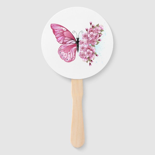 Flower Butterfly with Pink Sakura Hand Fan (Front)