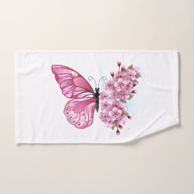 Flower Butterfly with Pink Sakura Hand Towel (Hand Towel)