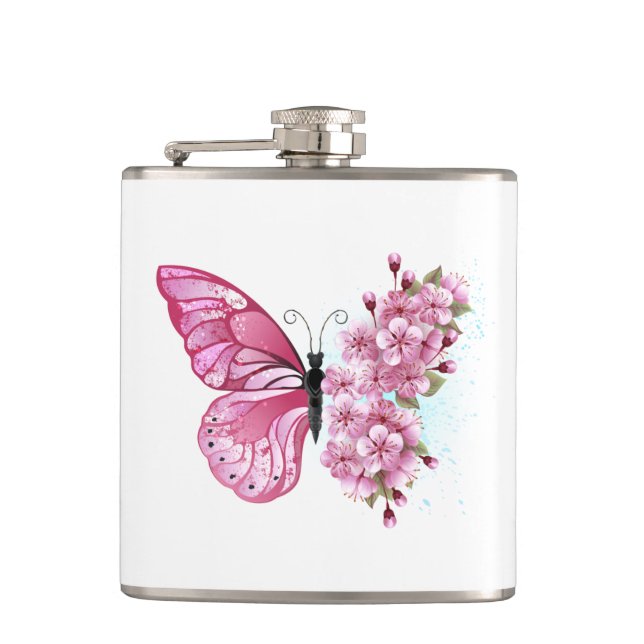Flower Butterfly with Pink Sakura Hip Flask (Front)
