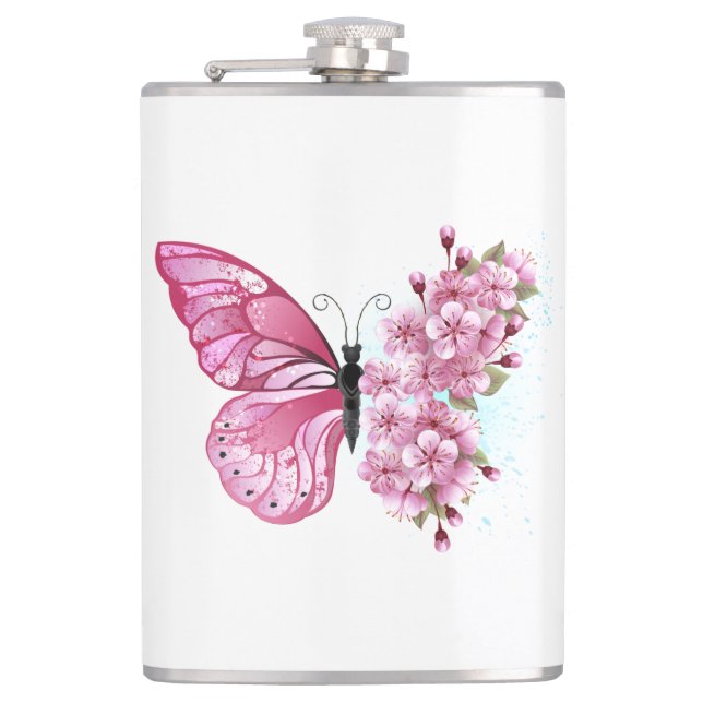 Flower Butterfly with Pink Sakura Hip Flask (Front)