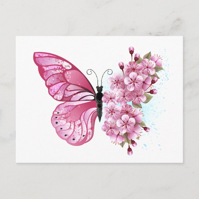 Flower Butterfly with Pink Sakura Invitation Postcard (Front)