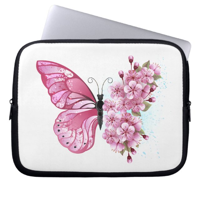 Flower Butterfly with Pink Sakura Laptop Sleeve (Front)