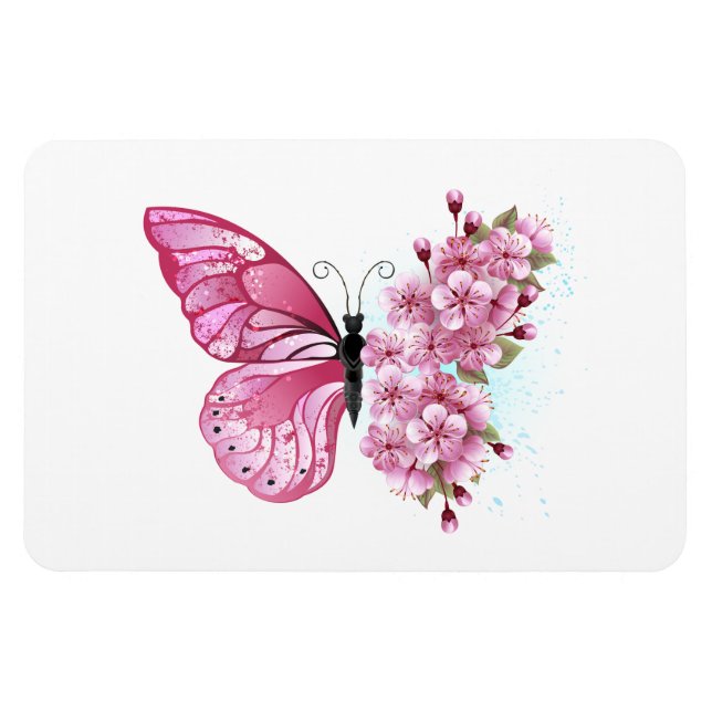 Flower Butterfly with Pink Sakura Magnet (Horizontal)