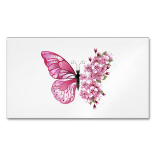 Flower Butterfly with Pink Sakura Magnetic Business Card