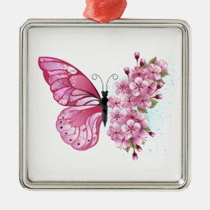 Flower Butterfly with Pink Sakura Metal Ornament