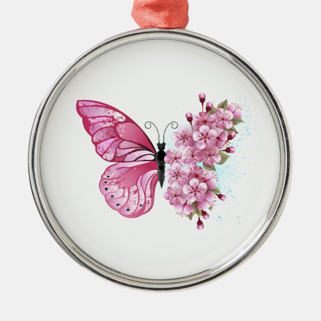 Flower Butterfly with Pink Sakura Metal Ornament (Front)