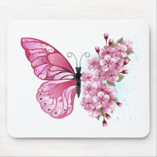 Flower Butterfly with Pink Sakura Mouse Pad
