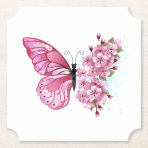 Flower Butterfly with Pink Sakura Paper Coaster