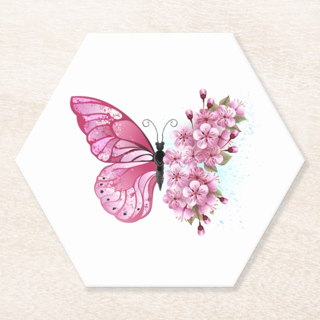 Flower Butterfly with Pink Sakura Paper Coaster (Front)