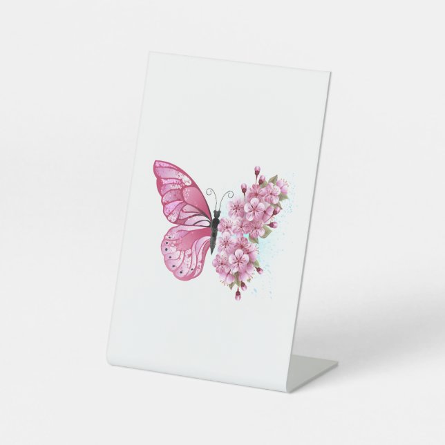 Flower Butterfly with Pink Sakura Pedestal Sign (Front)