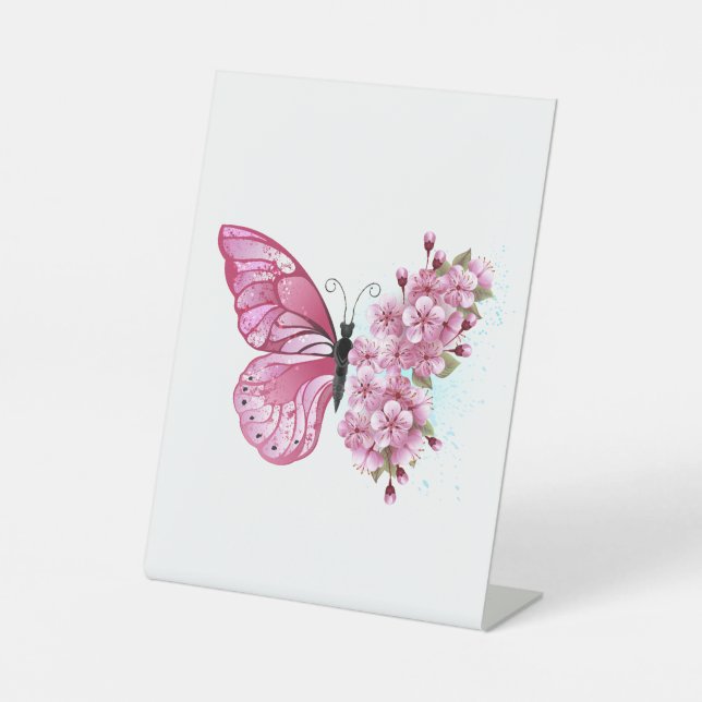 Flower Butterfly with Pink Sakura Pedestal Sign (Front)