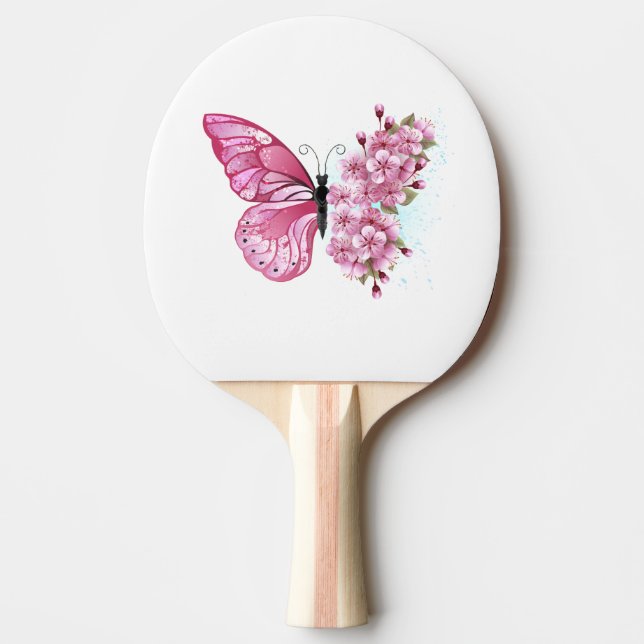 Flower Butterfly with Pink Sakura Ping Pong Paddle (Front)