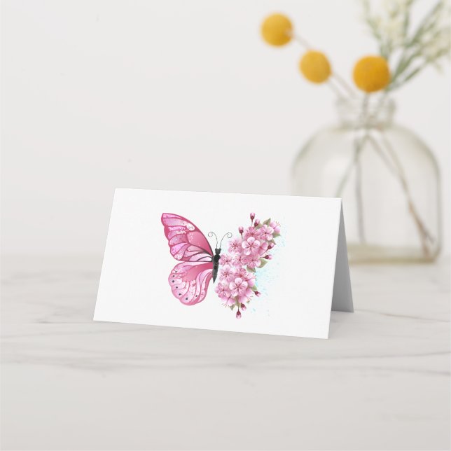 Flower Butterfly with Pink Sakura Place Card (Front)