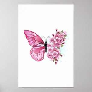 Flower Butterfly with Pink Sakura Poster