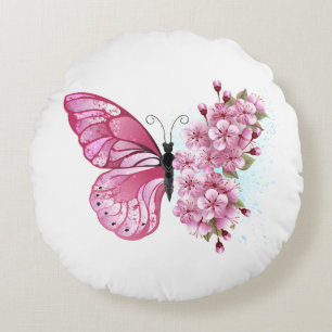 Flower Butterfly with Pink Sakura Round Cushion