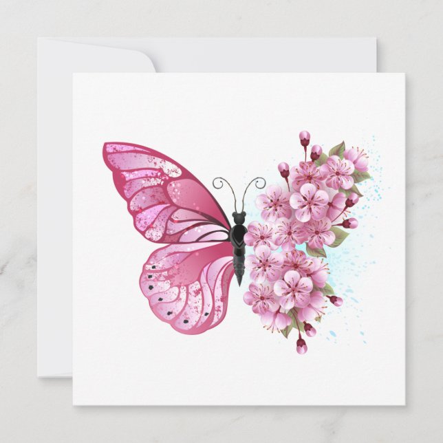 Flower Butterfly with Pink Sakura Save The Date (Front)