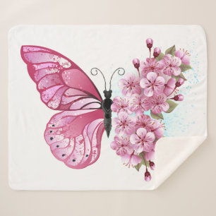 Flower Butterfly with Pink Sakura Sherpa Blanket