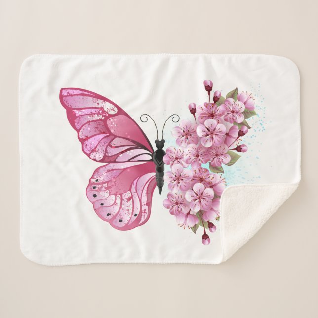 Flower Butterfly with Pink Sakura Sherpa Blanket (Front (Horizontal))