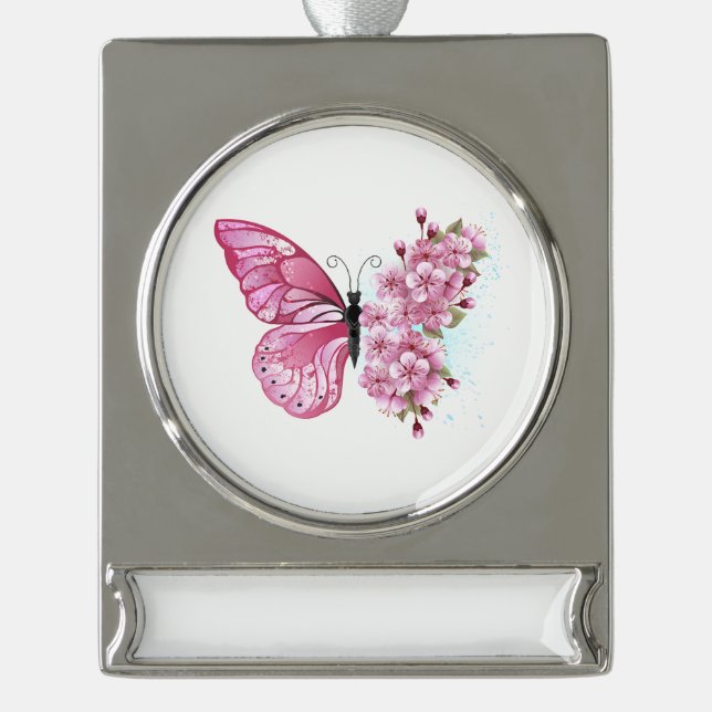 Flower Butterfly with Pink Sakura Silver Plated Banner Ornament (Front)