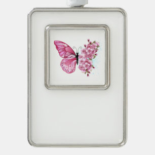 Flower Butterfly with Pink Sakura Silver Plated Framed Ornament