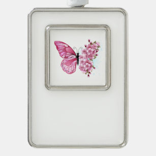 Flower Butterfly with Pink Sakura Silver Plated Framed Ornament