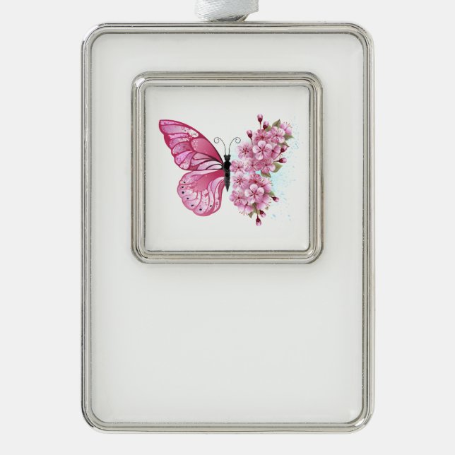 Flower Butterfly with Pink Sakura Silver Plated Framed Ornament (Front)