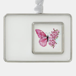 Flower Butterfly with Pink Sakura Silver Plated Framed Ornament