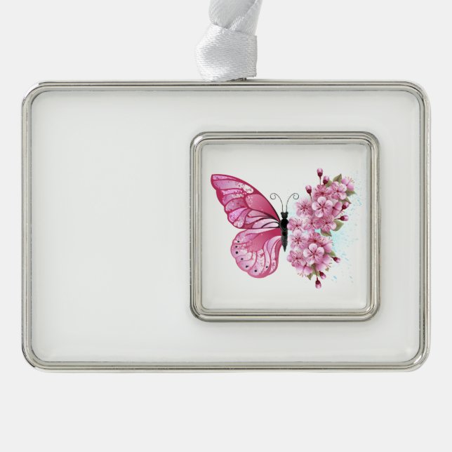 Flower Butterfly with Pink Sakura Silver Plated Framed Ornament (Front)