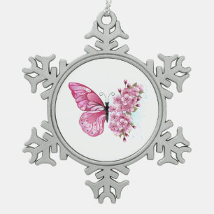 Flower Butterfly with Pink Sakura Snowflake Pewter Christmas Ornament