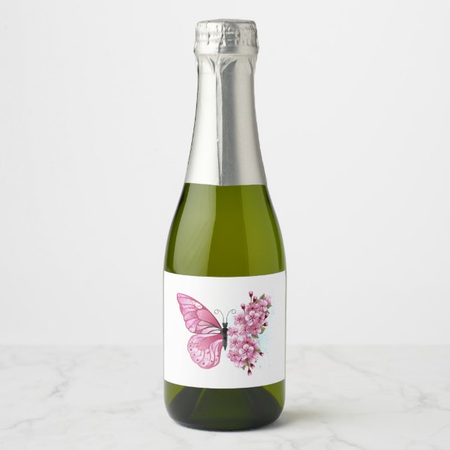 Flower Butterfly with Pink Sakura Sparkling Wine Label (Front)