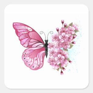 Flower Butterfly with Pink Sakura Square Sticker