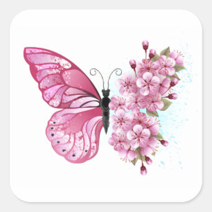 Flower Butterfly with Pink Sakura Square Sticker