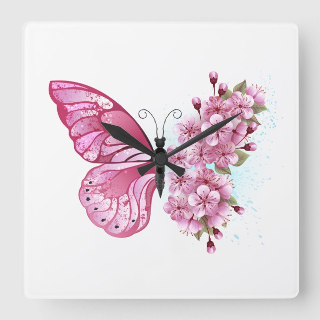 Flower Butterfly with Pink Sakura Square Wall Clock (Front)