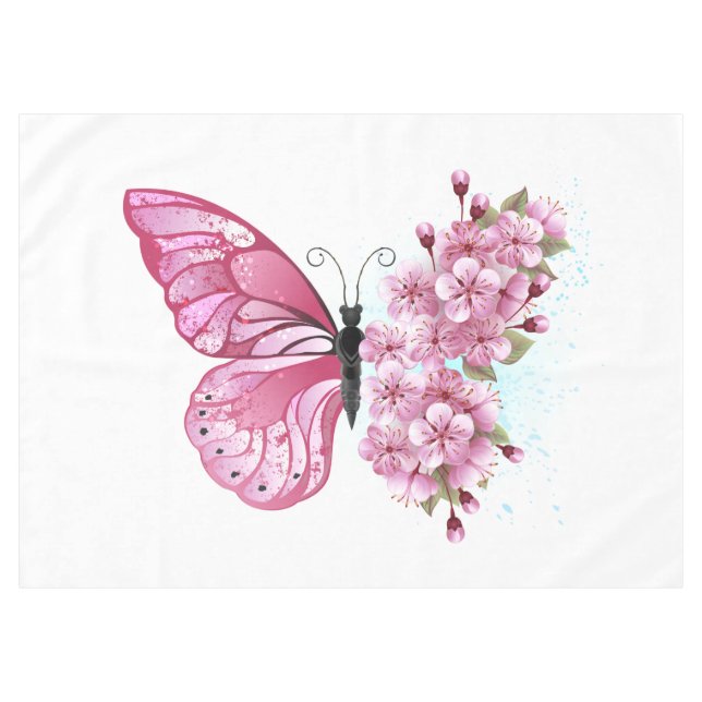Flower Butterfly with Pink Sakura Tablecloth (Front (Horizontal))