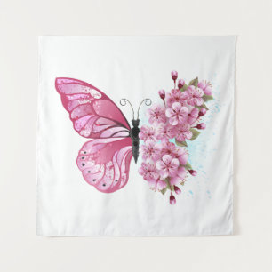 Flower Butterfly with Pink Sakura Tapestry