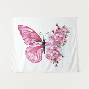 Flower Butterfly with Pink Sakura Tapestry