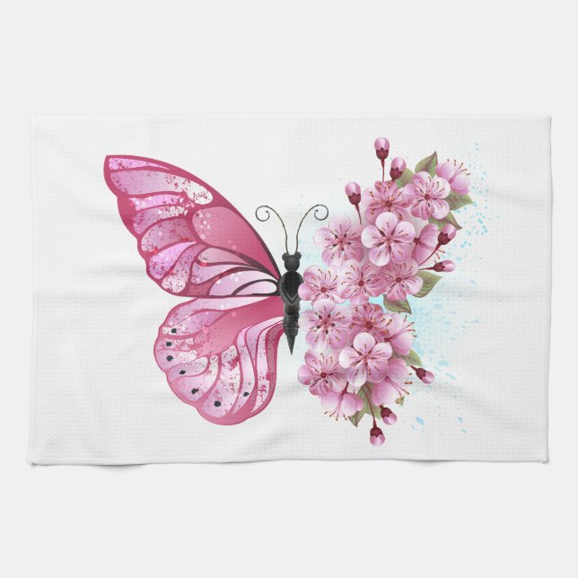 Flower Butterfly with Pink Sakura Tea Towel (Horizontal)