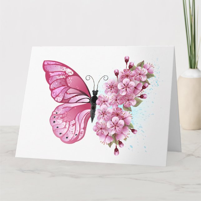 Flower Butterfly with Pink Sakura Thank You Card (Front)