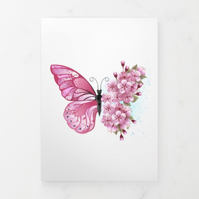 Flower Butterfly with Pink Sakura Tri-Fold Holiday Card (Cover)